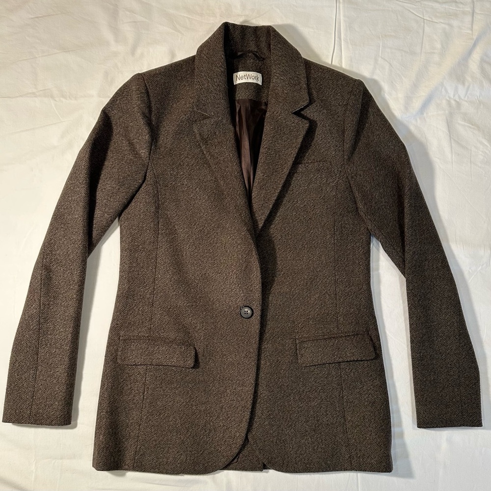 Network Rich Brown/Grey Tailored Suit Jacket with Notched Lapels
